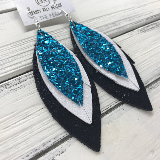 INDIA - Leather Earrings ||  <BR>  TEAL GLITTER (NOT REAL LEATHER) <BR> MATTE WHITE <BR> SHIMMER BLACK