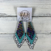 COLLEEN -  Leather Earrings  ||   <BR> METALLIC ANTIQUE MERMAID, <BR> ROBINS EGG BLUE, <BR>BLACK & WHITE CHEETAH