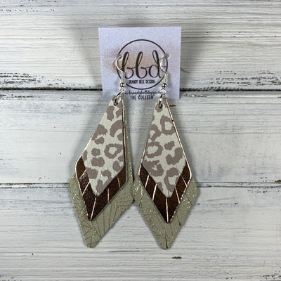 COLLEEN -  Leather Earrings  ||   <BR> NUDE LEOPARD, <BR> METALLIC ROSE GOLD SMOOTH, <BR> METALLIC ROSE GOLD CHINESE FANS ON IVORY