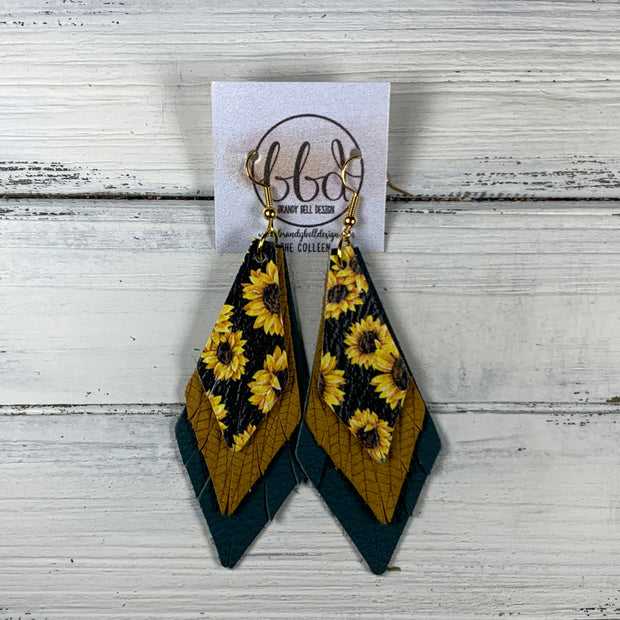 COLLEEN -  Leather Earrings  ||   <BR> SUNFLOWERS ON BLACK, <BR> MUSTARD PALMS, <BR> MATTE SPRUCE GREEN
