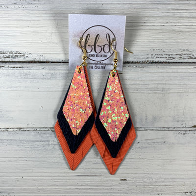 COLLEEN -  Leather Earrings  ||   <BR> PEACH GLITTER (FAUX LEATHER), <BR> MATTE *NAVY BLUE, <BR> NEON ORANGE SAFFIANO