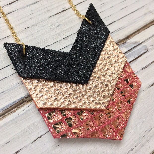 EMERSON - Leather Necklace  || SHIMER BLACK, METALLIC COPPER TEXTURE, METALLIC ROSE GOLD ON PINK MERMAID