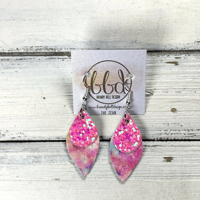 JEAN -  Leather Earrings  ||   BUBBLEGUM PINK GLITTER (FAUX LEATHER), <BR> PINK TIE-DYE