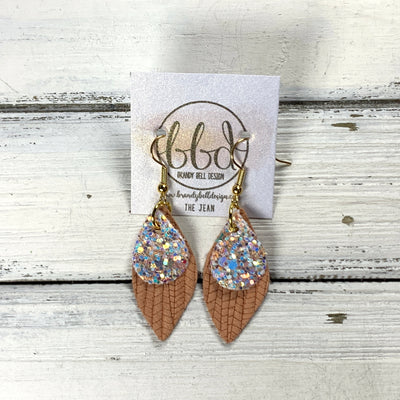 JEAN -  Leather Earrings  ||   PEACHES N CREAM GLITTER (FAUX LEATHER), <BR> PEACH PALMS