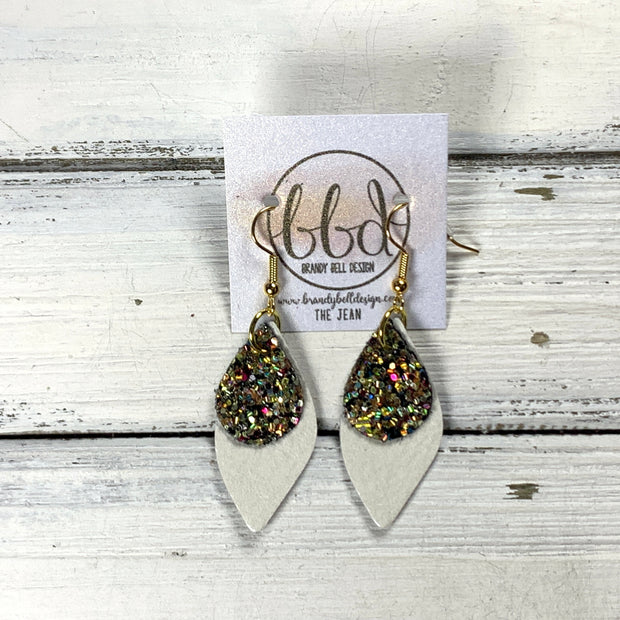 JEAN -  Leather Earrings  ||  CHUNKY GOLD JEWELS GLITTER (FAUX LEATHER), <BR> PEARL WHITE