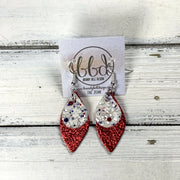 JEAN -  Leather Earrings  ||  RED, WHITE & BOOM GLITTER (FAUX LEATHER), <BR> METALLIC RED PEBBLED