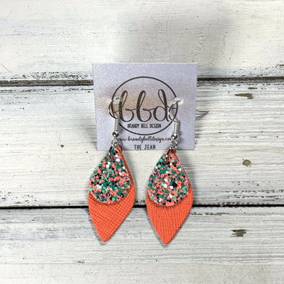 JEAN -  Leather Earrings  ||  AQUA & CORAL GLITTER (FAUX LEATHER), <BR> NEON ORANGE SAFFIANO