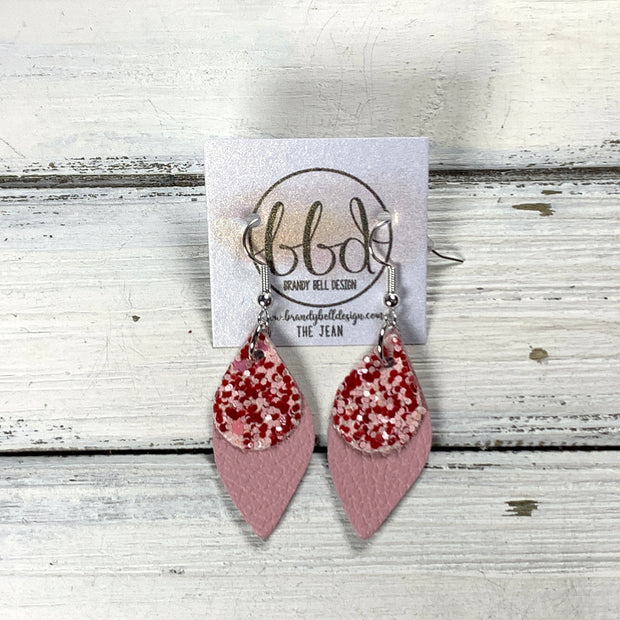 JEAN -  Leather Earrings  ||  PINK & RED GLITTER (FAUX LEATHER), <BR> MATTE PINK