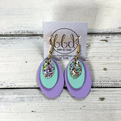 DIANE -  Leather Earrings  ||  MERMAID MAGIC GLITTER (FAUX LEATHER), <BR> MATTE AQUA MINT SMOOTH, <BR> MATTE LILAC SMOOTH
