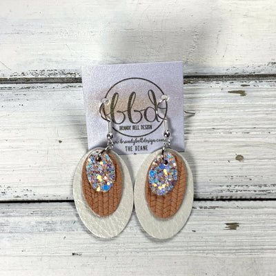 DIANE -  Leather Earrings  ||   PEACHES N CREAM GLITTER (FAUX LEATHER), <BR> PEACH PALMS, <BR> PEARL WHITE