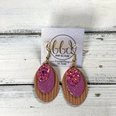DIANE -  Leather Earrings  ||  RASPBERRY FIZZ GLITTER (FAUX LEATHER), <BR> SHIMMER PINK, <BR> PEACH PALMS