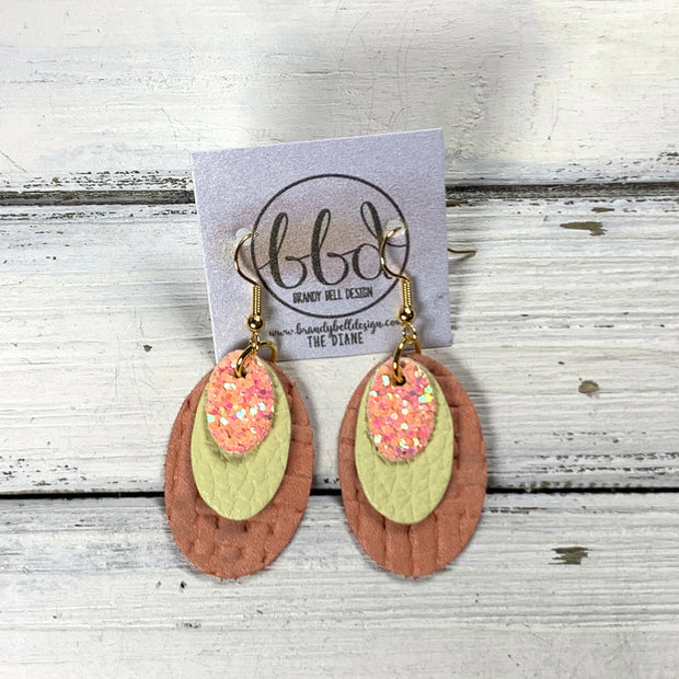 DIANE -  Leather Earrings  ||  PEACH GLITTER (FAUX LEATHER), <BR> MATTE YELLOW, <BR> SALMON PANAMA WEAVE