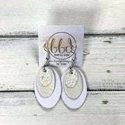 DIANE -  Leather Earrings  ||  IRIDESCENT WHITE GLITTER (FAUX LEATHER), <BR> PEARL WHITE, <BR> MATTE WHITE