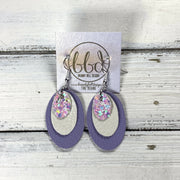 DIANE -  Leather Earrings  ||  FAIRY DUST GLITTER (FAUX LEATHER), <BR> PEARL WHITE, <BR> MATTE LAVENDER