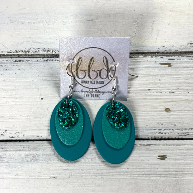 DIANE -  Leather Earrings  || EMERALD BAY (FAUX LEATHER), <BR> PEARLIZED AQUA, <BR> MATTE TURQUOISE SMOOTH