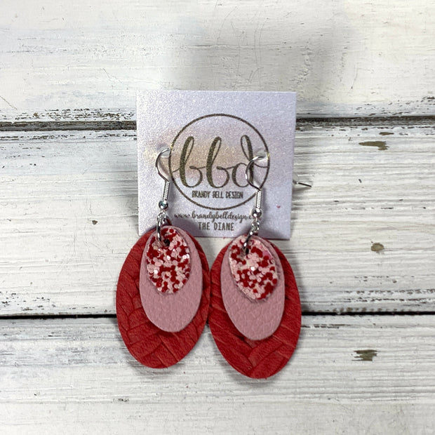 DIANE -  Leather Earrings  ||  PINK & RED GLITTER (FAUX LEATHER), <BR> MATTE PINK, <BR> RED BRAID