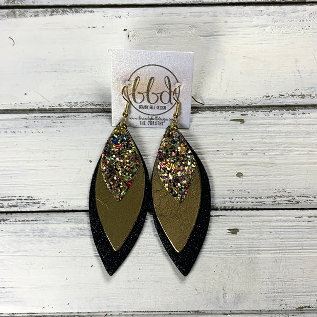 DOROTHY -  Leather Earrings  ||  CHUNKY GOLD JEWELS GLITTER (FAUX LEATHER), <BR> METALLIC GOLD SMOOHT, <BR> SHIMMER BLACK