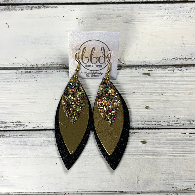 DOROTHY -  Leather Earrings  ||  CHUNKY GOLD JEWELS GLITTER (FAUX LEATHER), <BR> METALLIC GOLD SMOOHT, <BR> SHIMMER BLACK