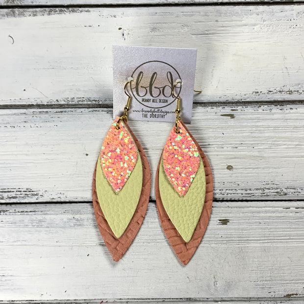 DOROTHY -  Leather Earrings  ||  PEACH GLITTER (FAUX LEATHER), <BR> MATTE YELLOW, <BR> SALMON PANAMA WEAVE