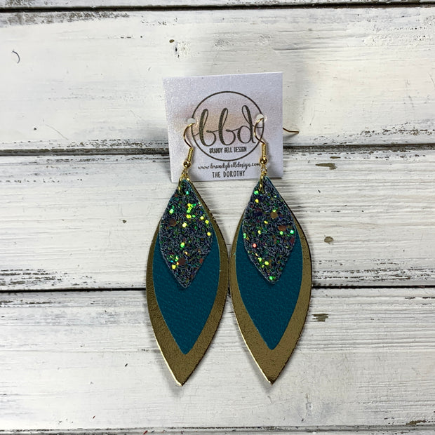 DOROTHY -  Leather Earrings  ||  FOREST GLITTER (FAUX LEATHER), <BR> MATTE DARK TEAL, <BR> METALLIC GOLD SMOOTH