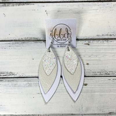 DOROTHY -  Leather Earrings  ||  IRIDESCENT WHITE GLITTER (FAUX LEATHER), <BR> PEARL WHITE, <BR> MATTE WHITE