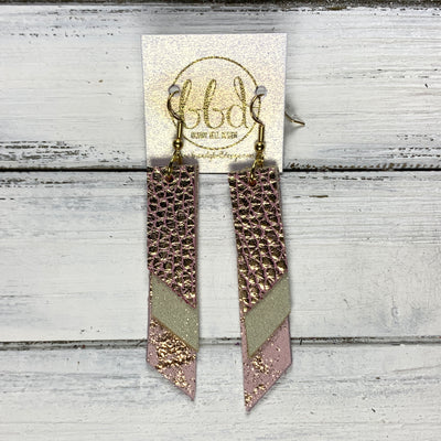 CODY - Leather Earrings  || <BR> PINK WITH GOLD ACCENTS, <BR> SHIMMER GOLD, <BR> ROSE GOLD ON PINK NORTHERN LIGHTS