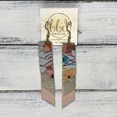 CODY - Leather Earrings  || <BR> ORANGE WATERCOLOR FLORAL, <BR> METALLIC CHAMPAGNE SMOOTH, <BR> MATTE BLUSH