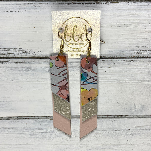 CODY - Leather Earrings  || <BR> ORANGE WATERCOLOR FLORAL, <BR> METALLIC CHAMPAGNE SMOOTH, <BR> MATTE BLUSH