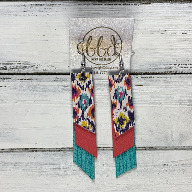 CODY - Leather Earrings  || <BR> MULTICOLOR IKAT PRINT, <BR> MATTE CORAL/PINK, <BR> AQAU PALMS