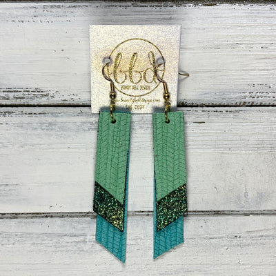 CODY - Leather Earrings  || <BR> MINT PALMS, <BR> IRIDESCENT SHIMMER GREEN/GOLD, <BR> AQAU PALMS