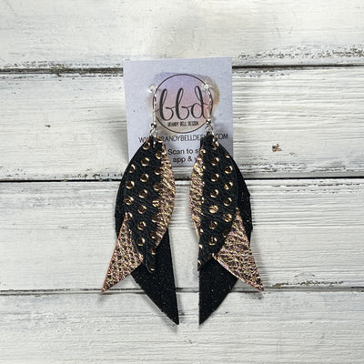ANDY -  Leather Earrings  ||   <BR> BLACK & ROSE GOLD POLKADOTS, <BR> METALLIC ROSE GOLD PEBBLED, <BR> SHIMMER BLACK