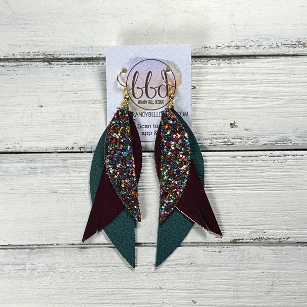 ANDY -  Leather Earrings  ||   <BR> GUMDROPS & LOLLIPOPS GLITTER (FAUX LEATHER), <BR> METALLIC BURGUNDY SMOOTH, <BR> MATTE DARK TEAL