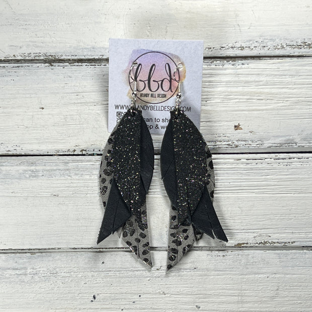 ANDY -  Leather Earrings  ||   <BR> SHIMMER PEWTER, <BR> DISTRESSED BLACK, <BR> GRAY & SILVER LEOPARD ANIMAL PRINT