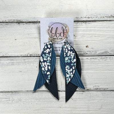 ANDY -  Leather Earrings  ||   <BR> DITSY BLUE FLORAL, <BR> TEAL PALMS, <BR> MATTE NAVY BLUE