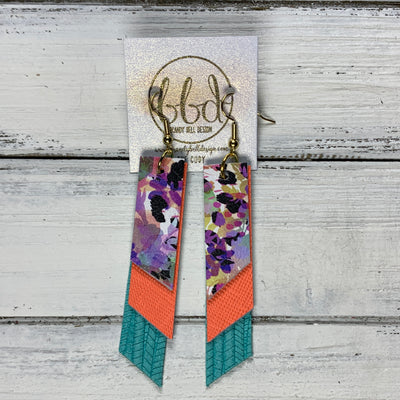 CODY - Leather Earrings  || <BR> PURPLE CHEETAH FLORAL, <BR>NEON ORANGE SAFFIANO, <BR> AQUA PALMS