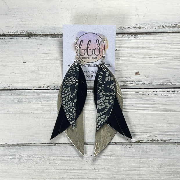 ANDY -  Leather Earrings  ||   <BR> SILVER LACE ON NAVY* BLUE, <BR> METALLIC NAVY BLUE SMOOTH, <BR> METALLIC CHAMPAGNE SMOOTH
