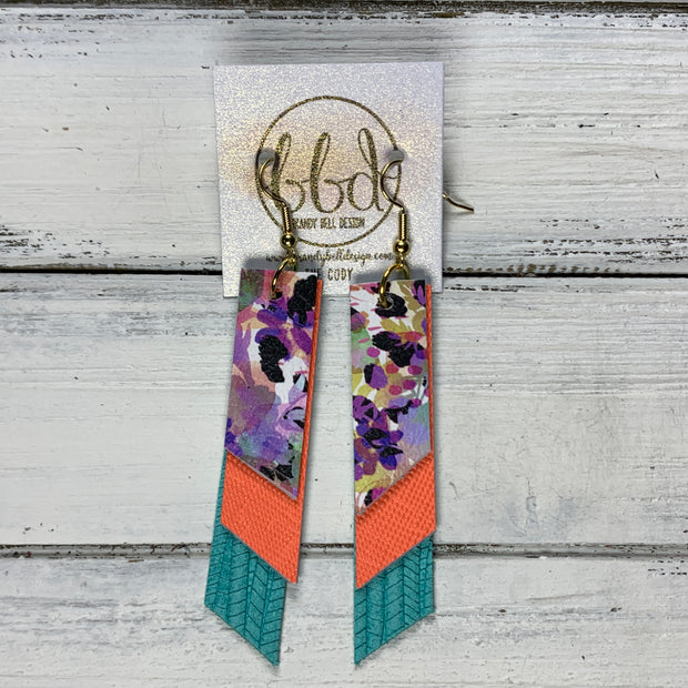 CODY - Leather Earrings  || <BR> PURPLE CHEETAH FLORAL, <BR>NEON ORANGE SAFFIANO, <BR> AQUA PALMS