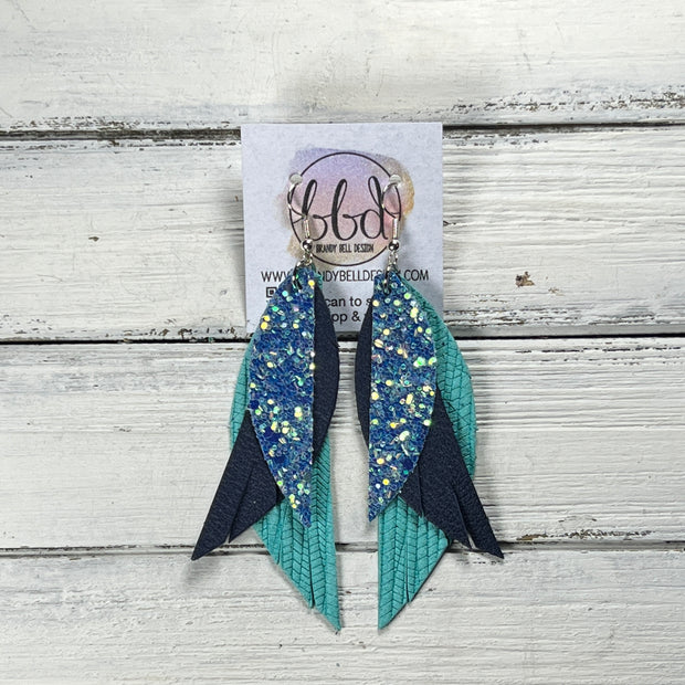 ANDY -  Leather Earrings  ||   <BR> OCEAN GLITTER (FAUX LEATHER), <BR> MATTE NAVY BLUE SMOOTH, <BR> AQUA PALMS