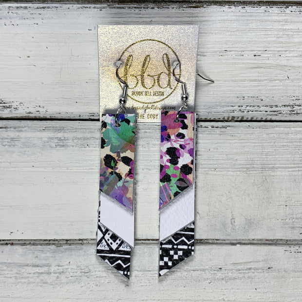 CODY - Leather Earrings  || <BR> PURPLE CHEETAH FLORAL, <BR>MATTE WHITE, <BR> BLACK & WHITE GEOMETRIC