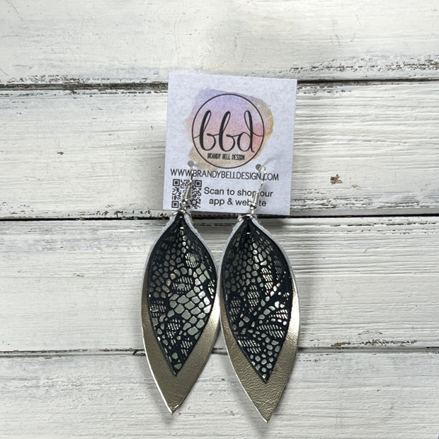 ALLIE -  Leather Earrings  ||   <BR> SILVER LACE ON NAVY* BLUE, <BR> METALLIC CHAMPAGNE SMOOTH