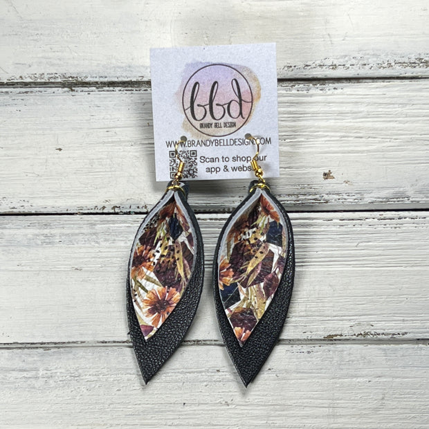 ALLIE -  Leather Earrings  ||   <BR> AUTUMN FLORAL, <BR> PEARL NAVY* BLUE