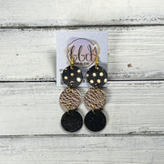 DAISY -  Leather Earrings  ||   <BR> BLACK & ROSE GOLD POLKADOTS, <BR> METALLIC ROSE GOLD PEBBLED, <BR> SHIMMER BLACK