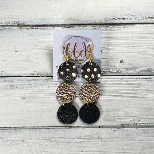 DAISY -  Leather Earrings  ||   <BR> BLACK & ROSE GOLD POLKADOTS, <BR> METALLIC ROSE GOLD PEBBLED, <BR> SHIMMER BLACK