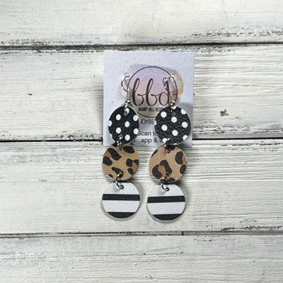 DAISY -  Leather Earrings  ||   <BR> BLACK & WHITE POLKADOTS, <BR> CARAMEL CHEETAH, <BR> BLACK & WHITE STRIPES