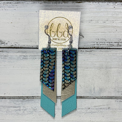 CODY - Leather Earrings  || <BR> METALLIC ANTIQUE MERMAID, <BR> METALLIC CHAMPAGNE SMOOTH, <BR> ROBINS EGG BLUE