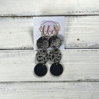 DAISY -  Leather Earrings  ||   <BR> SHIMMER PEWTER, <BR> GRAY & SILVER LEOPARD ANIMAL PRINT, <BR> DISTRESSED BLACK