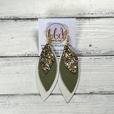 DOROTHY -  Leather Earrings  ||   <BR> CHUNKY GOLD JEWELS (FAUX LEATHER), <BR> OLIVE GREEN SAFFIANO, <BR> PEARL WHITE
