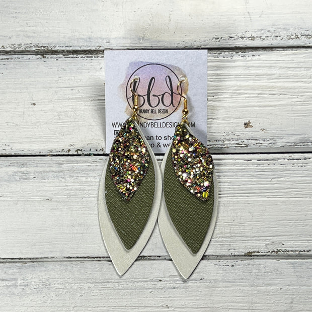 DOROTHY -  Leather Earrings  ||   <BR> CHUNKY GOLD JEWELS (FAUX LEATHER), <BR> OLIVE GREEN SAFFIANO, <BR> PEARL WHITE