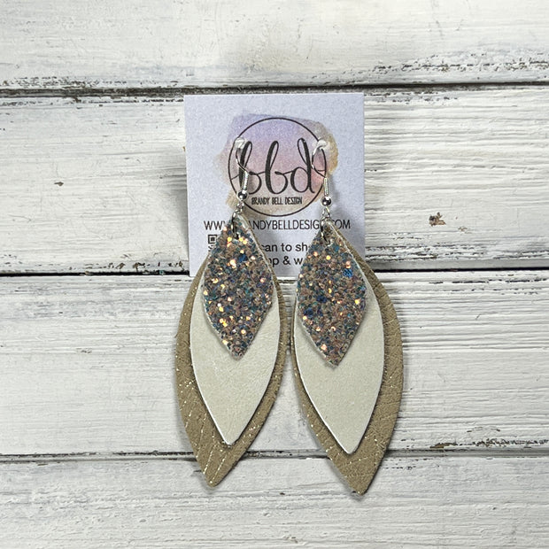 DOROTHY -  Leather Earrings  ||   <BR> GLAMOUR GLITTER (FAUX LEATHER), <BR> PEARL WHITE, <BR> IVORY & METALLIC GOLD CHINESE FAN