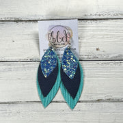 DOROTHY -  Leather Earrings  ||   <BR> OCEAN GLITTER (FAUX LEATHER), <BR> MATTE NAVY BLUE, <BR> AQUA PALMS